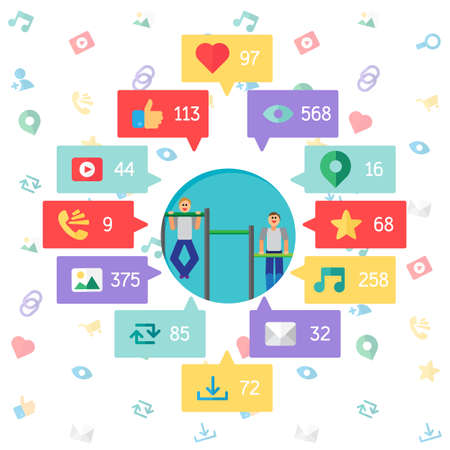 Web Life of Sportsman from blog and social networks, online shopping and email, files of video, images and photos. You can change figures in bubbles - count of views, likes and reposts. Vectorのイラスト素材