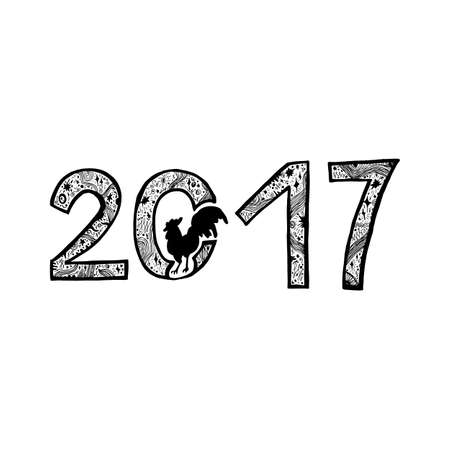 Lettering 2017 with cock for print, poster, sticker. Happy new year greeting card. Vectorのイラスト素材