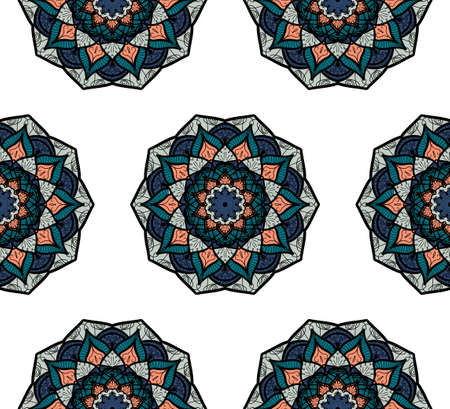 Hand drawn Mandala Seamless Pattern. Arabic, indian, turkish and ottoman culture decoration style. Ethnic ornamental background. Magic vintage template of greeting, card, print, cloth, tattoo. Vectorのイラスト素材