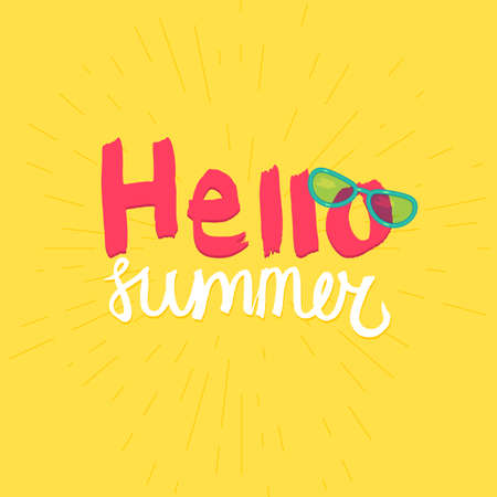 Hello Summer Lettering by brush. Typographic vacation and travel watercolor poster with cool sunglasses. Vectorのイラスト素材