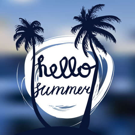 Hello Summer Lettering by brush. Typographic vacation and travel watercolor tropical poster with sunset bright background and palm exotic island. Vectorのイラスト素材