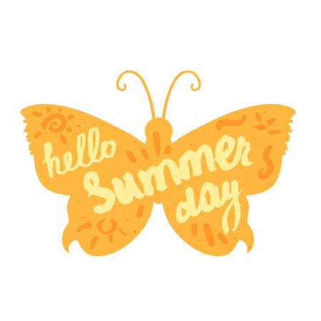 Hello Summer Lettering by brush. Typographic vacation and travel vintage poster with yellow bright butterfly. Vectorのイラスト素材