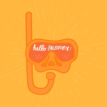 Hello Summer Lettering by brush. Typographic vacation and travel watercolor poster with diving underwater mask. Vectorのイラスト素材