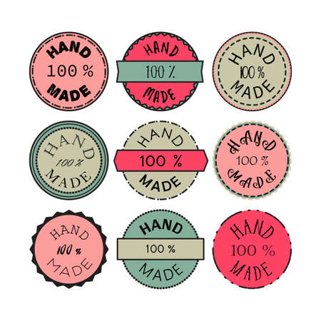 Badge template with 100 handmade product symbol. Vintage sticker with text 100 hand made. 100 Percents Hand Made Design Element, Label, Insignia, Tag, Emblem. Vectorのイラスト素材