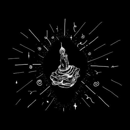 Vintage Hand Drawn Burning Candle in Rose. Romantic Tattoo Design Element for print, t-shirt, poster, card, greeting, coloring. Esoteric magic symbol. Vectorのイラスト素材