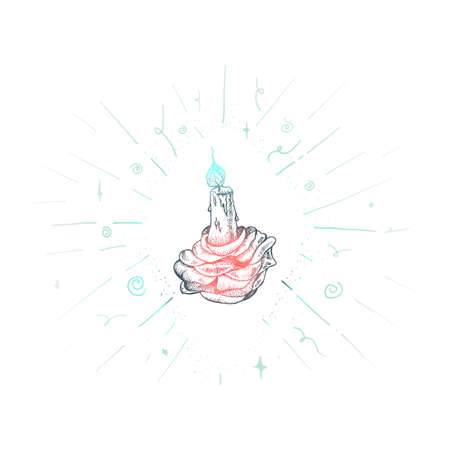 Vintage Hand Drawn Burning Candle in Rose. Romantic Tattoo Design Element for print, t-shirt, poster, card, greeting, coloring. Esoteric magic symbol. Vectorのイラスト素材
