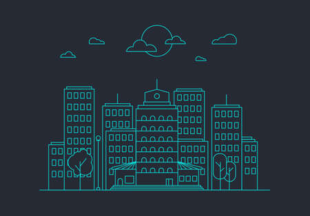 City Life Concept. Town street. Urban Landscape Banner with buildings, trees, shop, stores, sky and sun. Vectorのイラスト素材