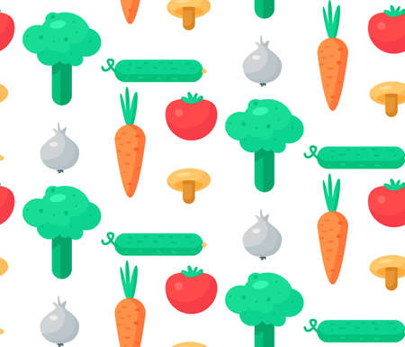 Fresh Vegetable Salad from tomato, cucumber and cabbage, carrot, mushroom and garlic. Tasty food seamless pattern for print, tablecloth and wrap, fabric, spread, card, banner. Vegan background. Vectorのイラスト素材