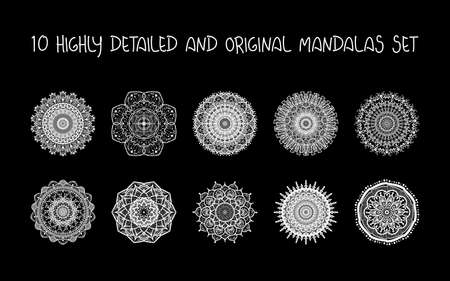 Hand drawn Gold Mandalas Set. Arabic, indian, turkish and ottoman culture decoration style. Ethnic ornamental background. Magic vintage template of greeting, print, cloth, tattoo. Vectorのイラスト素材