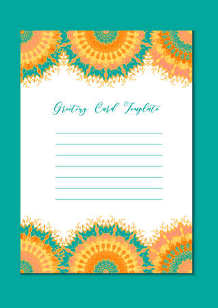 Business mandala card template. Oriental ethnic pattern. Mehndi ornament page for brochure, flyer, greeting, invitation cover. Design layout in boho and islam, arabic and east, indian style. Vectorのイラスト素材