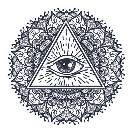 Vintage All Seeing Eye in Triangle and Mandala. Providence magic symbol for print, tattoo, coloring book,fabric, t-shirt, cloth in boho style. Astrology, occult, tribal, esoteric, alchemy sign. Vectorのイラスト素材