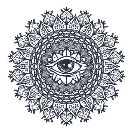 Vintage All Seeing Eye in Mandala. Providence magic symbol for print, tattoo, coloring book,fabric, t-shirt, cloth in boho style. Astrology, occult and tribal, esoteric and alchemy sign. Vectorのイラスト素材