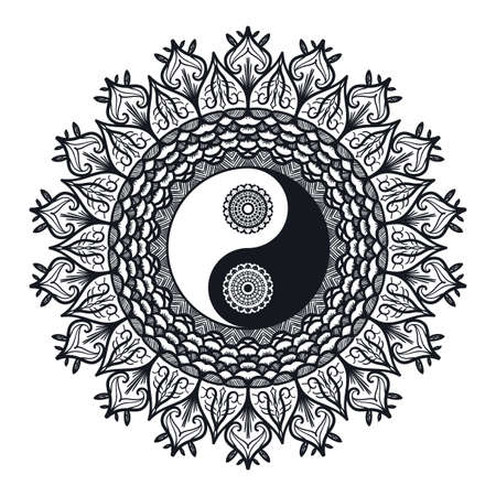 Vintage Yin and Yang in Mandala. Tao symbol for print, tattoo, coloring book,fabric, t-shirt, yoga, henna, cloth in boho style. Mehndi, occult and tribal, esoteric and alchemy sign. Vectorのイラスト素材