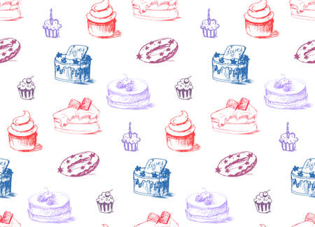 Tasty Cakes Seamless Pattern. Cream Food Background. Bakery sticker and wrap, print and fabric. Candy, sweet wallpaper. Vectorのイラスト素材