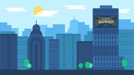 Day City Life Concept. Town street. Urban Landscape Banner with buildings, trees, shop, stores, sky and sun. Vectorのイラスト素材