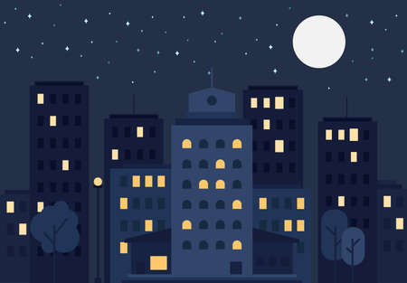 Night City Life Concept. Town street. Urban Landscape Banner with buildings, trees, shop, stores, sky and sun. Vectorのイラスト素材
