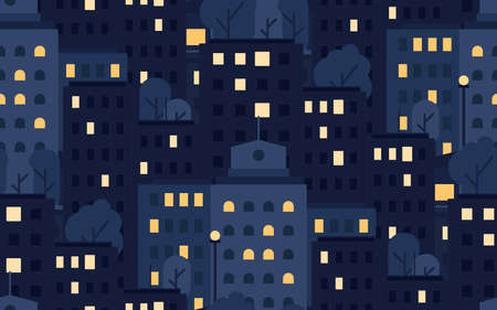 Night City Life Concept Seamless Pattern. Town street. Urban Landscape Banner with buildings, trees, shop, stores, sky and sun. Vectorのイラスト素材