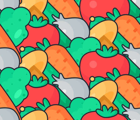 Fresh Vegetable Salad from tomato, cucumber and cabbage, carrot, mushroom and garlic. Tasty food seamless pattern for print, tablecloth and wrap, fabric, spread, card, banner. Vegan background. Vectorのイラスト素材