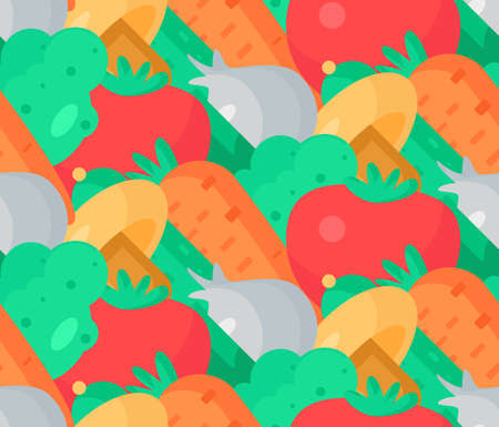 Fresh Vegetable Salad from tomato, cucumber and cabbage, carrot, mushroom and garlic. Tasty food seamless pattern for print, tablecloth and wrap, fabric, spread, card, banner. Vegan background. Vectorのイラスト素材