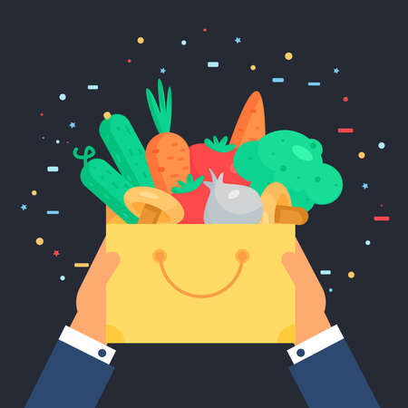 Fresh Vegetable Banner from tomato, cucumber and cabbage, carrot, mushroom and garlic in bag. Tasty natural food badge. Vegan sticker. Eco design element. Vectorのイラスト素材