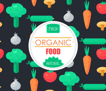 Fresh Vegetable Banner from tomato, cucumber and cabbage, carrot, mushroom and garlic. Tasty natural food badge. Vegan sticker. Eco design element. Vectorのイラスト素材