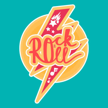 Rock and Roll Lettering for t-shirt, sticker, print, fabric, cloth. Vintage hand drawn music badge. Retro hipster musical sound emblem for card, concert flyer, fest, postcard, label, poster. Vectorのイラスト素材