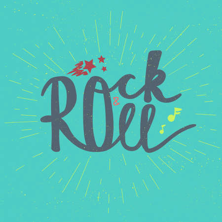 Rock and Roll Lettering for t-shirt, sticker, print, fabric, cloth. Vintage hand drawn music badge. Retro hipster musical sound emblem for card, concert flyer, fest, postcard, label, poster. Vectorのイラスト素材