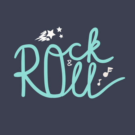 Rock and Roll Lettering for t-shirt, sticker, print, fabric, cloth. Vintage hand drawn music badge. Retro hipster musical sound emblem for card, concert flyer, fest, postcard, label, poster. Vectorのイラスト素材