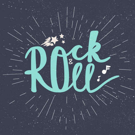 Rock and Roll Lettering for t-shirt, sticker, print, fabric, cloth. Vintage hand drawn music badge. Retro hipster musical sound emblem for card, concert flyer, fest, postcard, label, poster. Vectorのイラスト素材