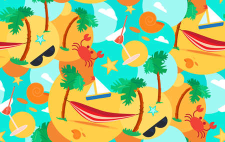 Hello Summer Seamless Pattern with hammock, crab, stars and cocktail on palm beach. Vacation and...