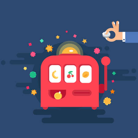 Casino design items. Gambling machine with money. One armed bandit. Variations of hands. Vectorのイラスト素材