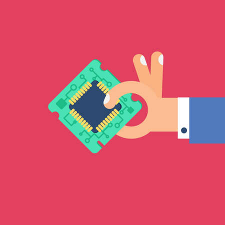 Computer Processor Chip in hand. Symbol of programmer hard work, system administrator activities,...