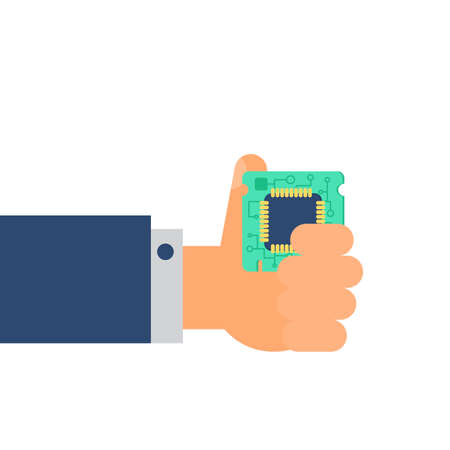 Computer Processor Chip in hand. Symbol of programmer hard work, system administrator activities, scientific innovation, technical advancements and robotics. High tech microprocessor. Vectorのイラスト素材