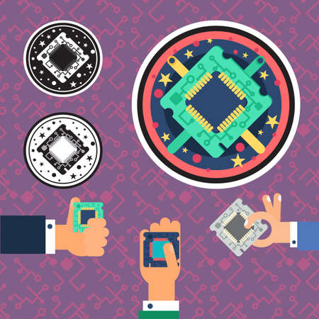 Computer Processor Chip with cable, wire. Symbol of programmer hard work, system administrator activities, scientific innovation, technical advancements and robotics. High tech microprocessor. Vectorのイラスト素材