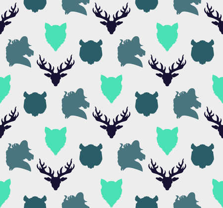 Wildlife seamless pattern. Zoo ornament for print, fabric, cloth, child items and wrap. Nature fauna wallpaper. Silhouettes head animals background. Vectorのイラスト素材