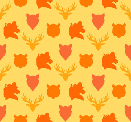 Wildlife seamless pattern. Zoo ornament for print, fabric, cloth, child items and wrap. Nature fauna wallpaper. Silhouettes head animals background. Vectorのイラスト素材