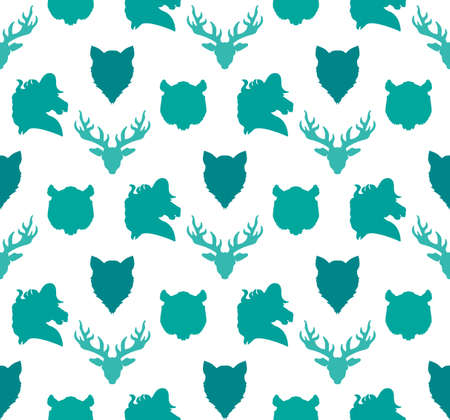 Wildlife seamless pattern. Zoo ornament for print, fabric, cloth, child items and wrap. Nature fauna wallpaper. Silhouettes head animals background. Vectorのイラスト素材
