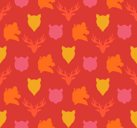 Wildlife seamless pattern. Zoo ornament for print, fabric, cloth, child items and wrap. Nature fauna wallpaper. Silhouettes head animals background. Vectorのイラスト素材