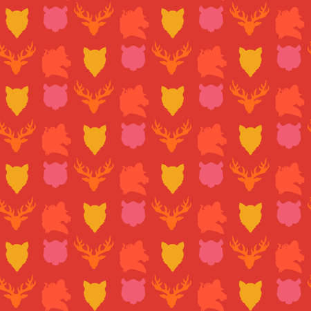 Wildlife seamless pattern. Zoo ornament for print, fabric, cloth, child items and wrap. Nature fauna wallpaper. Silhouettes head animals background. Vectorのイラスト素材