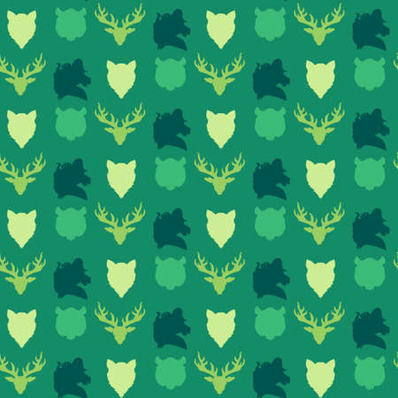 Wildlife seamless pattern. Zoo ornament for print, fabric, cloth, child items and wrap. Nature fauna wallpaper. Silhouettes head animals background. Vectorのイラスト素材