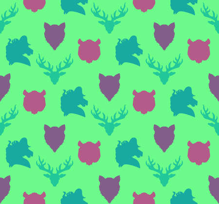 Wildlife seamless pattern. Zoo ornament for print, fabric, cloth, child items and wrap. Nature fauna wallpaper. Silhouettes head animals background. Vectorのイラスト素材