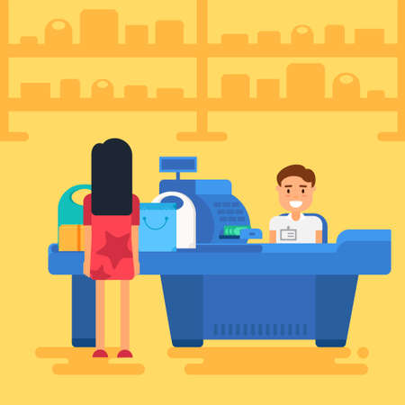 Store with customer and cashier near cash desk. Store or market retail interior. Shopping concept illustration. People are paying purchase.のイラスト素材