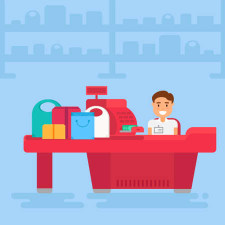 Store with cashier near cash desk. Store or market retail interior. Shopping concept illustration.のイラスト素材