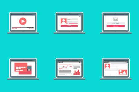 Adaptive Web Template for site forms of email subscribe, login to account, watching video, online shopping, blog and infographics on computer.のイラスト素材
