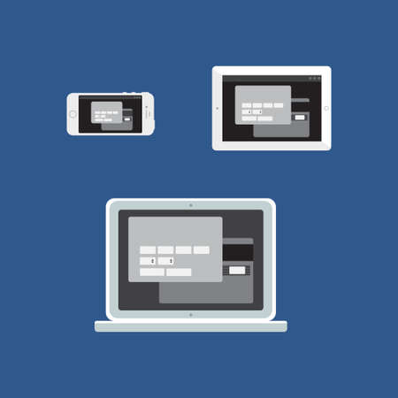 Adaptive Web Template and Gadget Elements for site form of online shopping and enter card data on Smartphone, Tablet, Notebook. Flat minimalistic pad, phone, laptop mockups.のイラスト素材