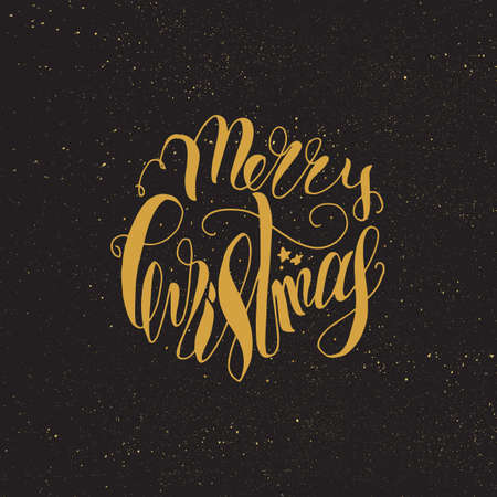 Merry Christmas Gold Hand Drawn Lettering. Happy New Year illustration. Xmas Design Label Elements for holiday invitation, greeting, card and headline, title, sticker, emblem, print, magnet. Vectorのイラスト素材