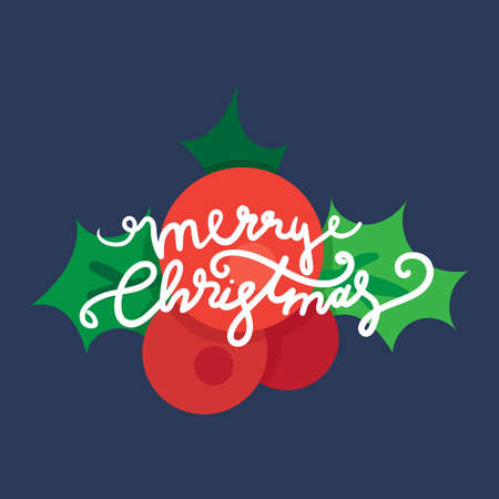 Merry Christmas Hand Drawn Lettering with holly berry illustration. Xmas Design Label Elements for holiday invitation, greeting, card and headline, title, sticker, emblem, print, magnet. Vectorのイラスト素材