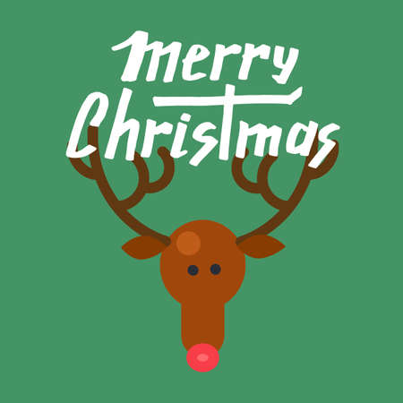Merry Christmas Hand Drawn Lettering with Happy Deer illustration. Xmas Design Label Elements for holiday invitation, greeting, card and headline, title, sticker, emblem, print, magnet. Vectorのイラスト素材