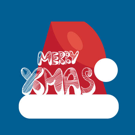 Merry Christmas Hand Drawn Lettering with Santa Claus Hat Illustration. Xmas Design Label Elements for holiday invitation, greeting, card and headline, title, sticker, emblem, print, magnet. Vectorのイラスト素材