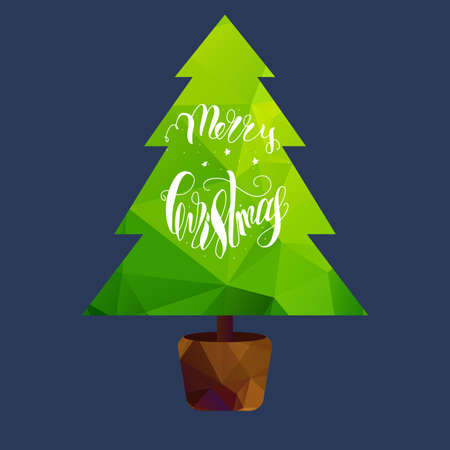 Merry Christmas Lettering in Christmas tree. Happy New Year illustration. Xmas Design Label Elements for holiday invitation, greeting, card and headline, title, sticker, emblem, print, magnet. Vectorのイラスト素材